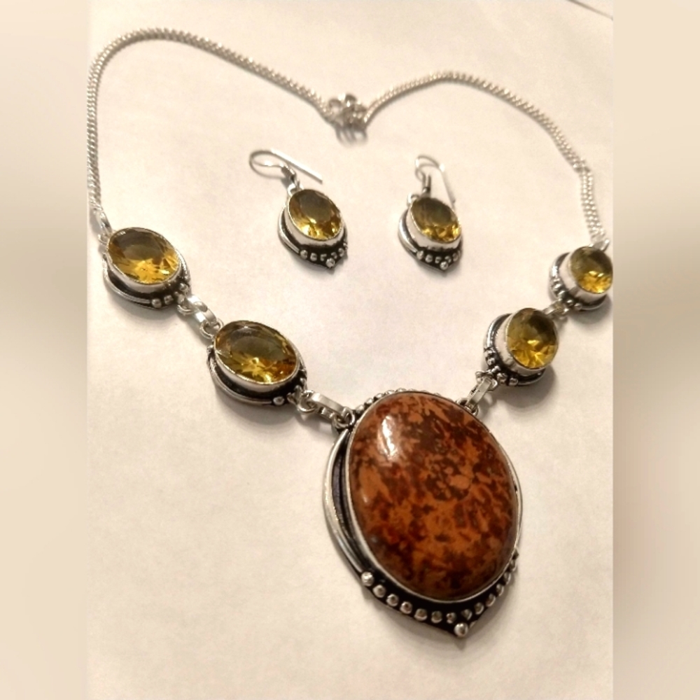 Citrine and Jasper stone Earrings and Necklace set, 925 made in India.